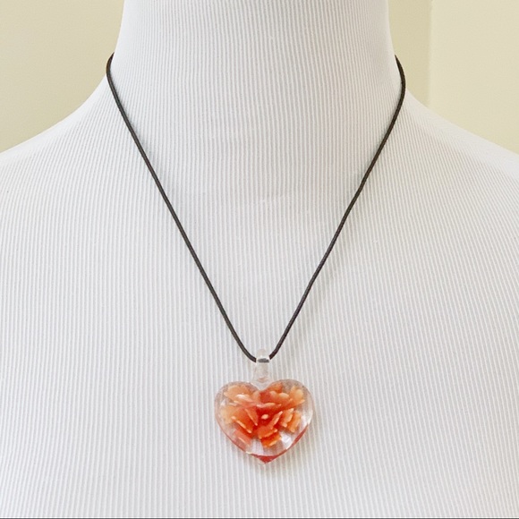 Handblown Glass Orange Flower Heart Pendant - Picture 5 of 5